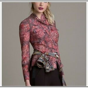 Byron Lars Beauty Mark Womens Floral Blouse Top Size 8 Silicone Shoulder Detail